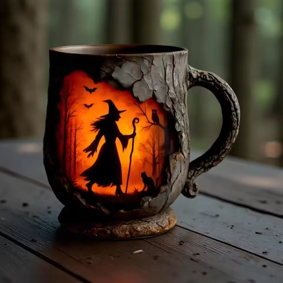 Käsintehty Kohokuvioitu Halloween-muki – Noita ja Kissa -kuvio